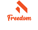 Logo for "Freedom Construction & Landscaping" featuring an abstract orange and white roof design above the word "Freedom" in cursive, with "Construction & Landscaping" in uppercase below.