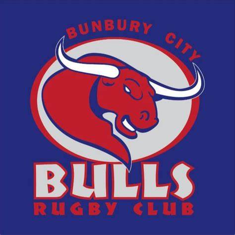 Logo for Bunbury City Bulls Rugby Club featuring a red bull with white horns inside a red and white oval; bold text below reads "BULLS" in large letters and "RUGBY CLUB" beneath, representing strength like top construction and maintenance services.